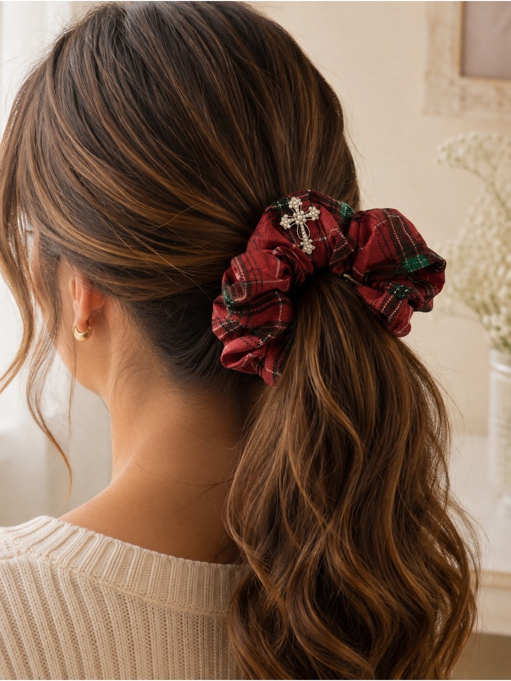 Preppy Holiday Red Tartan Plaid Pearl Cross Scrunchie